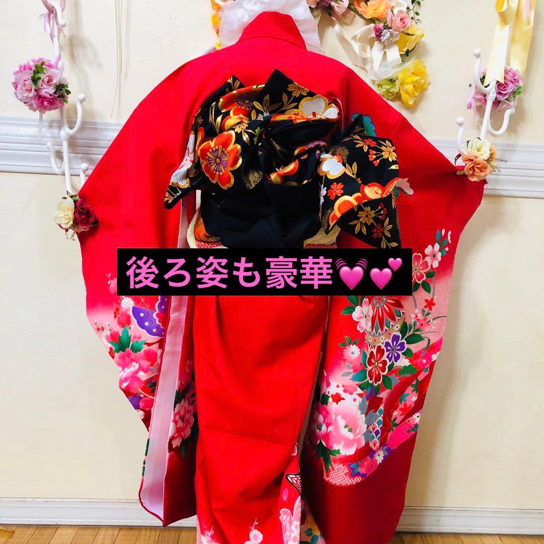七五三七歳未使用着物‼️人気赤地暈し⭐︎御所車手毬花々煌びやか際立つ⭐︎安心フルセット
