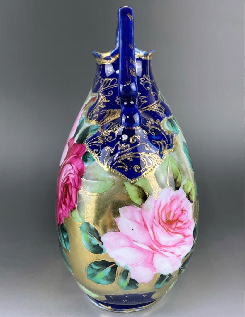 【美品】オールドノリタケ コバルト地 金盛り 薔薇紋 花瓶 メープルリーフ