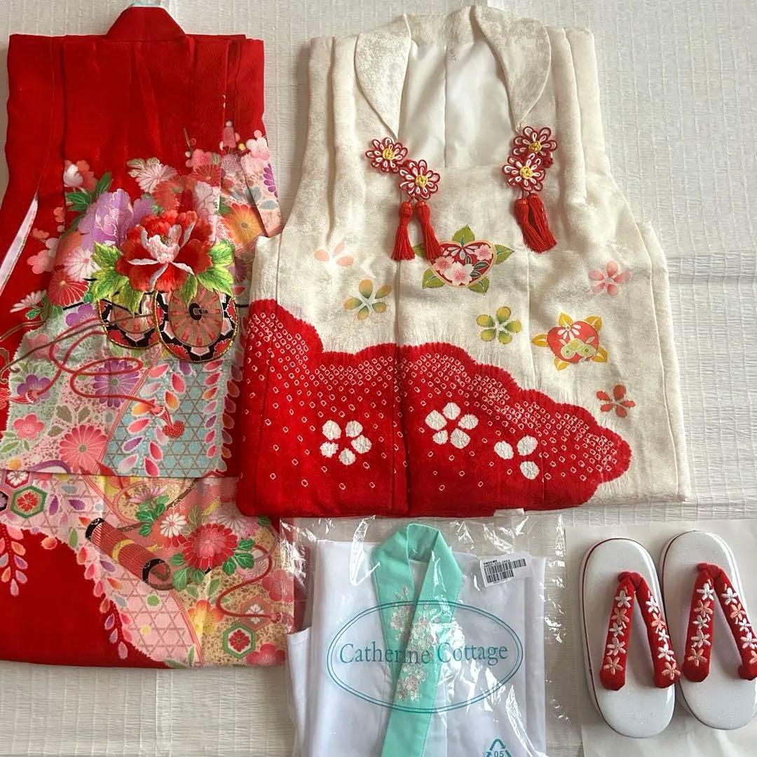 七五三 3歳 絞り 被布 着物 絹 三歳 赤 草履 753 女の子 子供着物 白