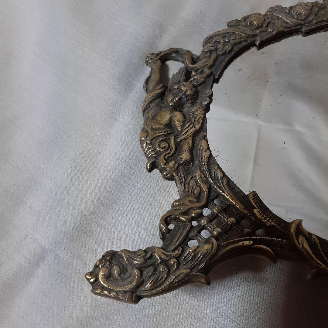 西洋アンティーク◆フランス　19世紀◆　天使レリーフ真鍮ブロンズ卓上ミラー額入り