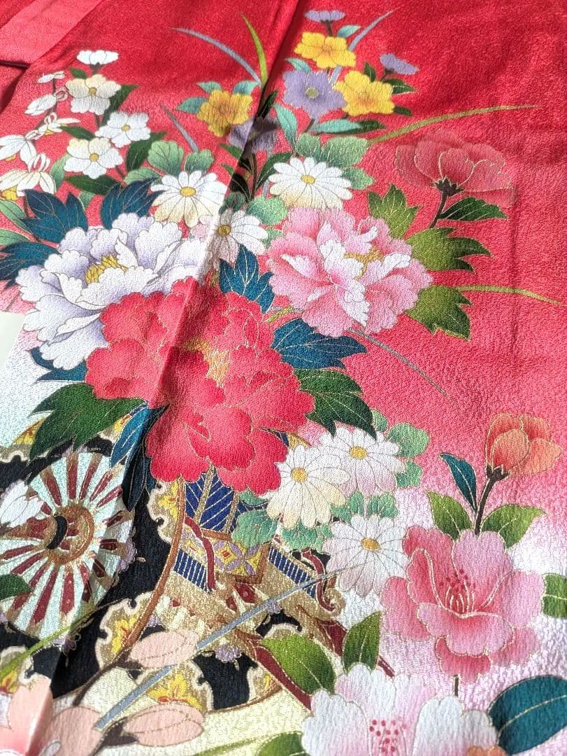 七五三　7歳　正絹　赤　着物　フルセット