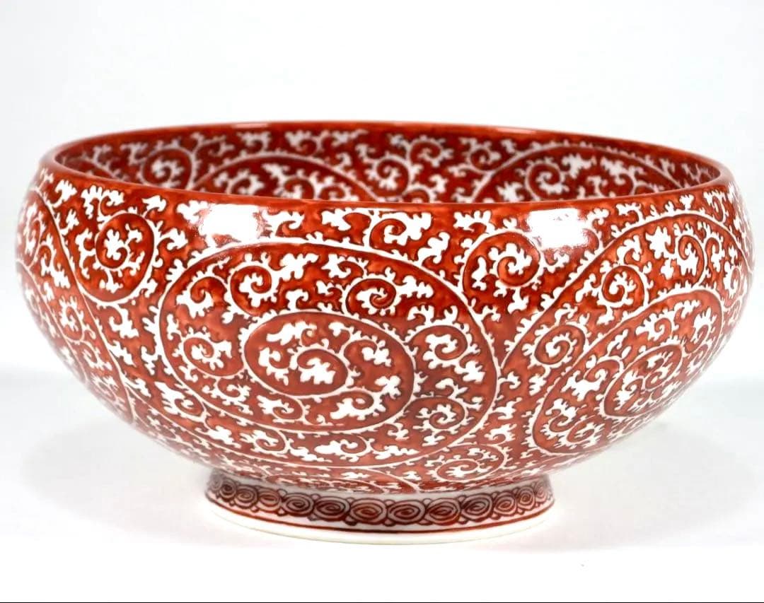 村上玄輝 作 朱濃蛸唐草文 大鉢 盛器 直径约21cm