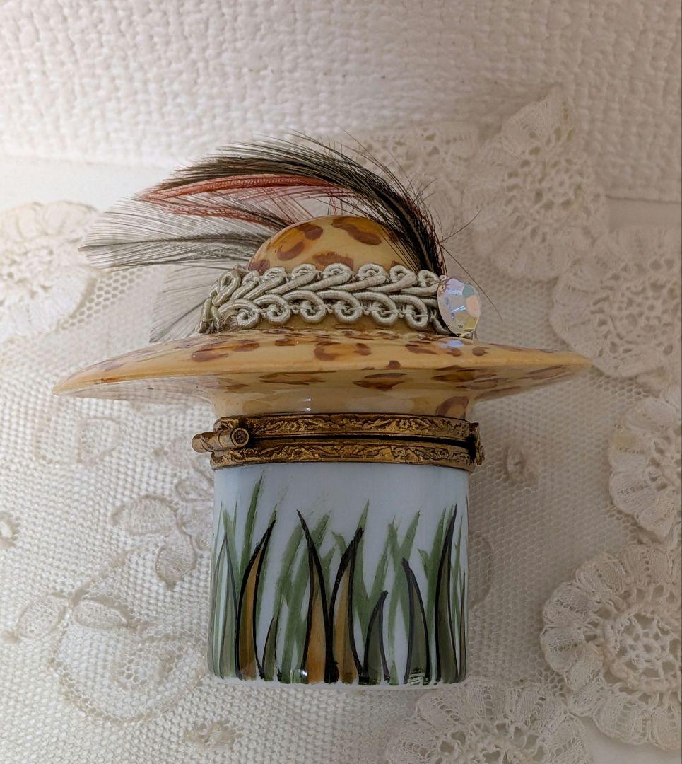 limoges ボックス 小物入れ 豹柄 帽子に羽根飾り ヴィンテージ 磁器
