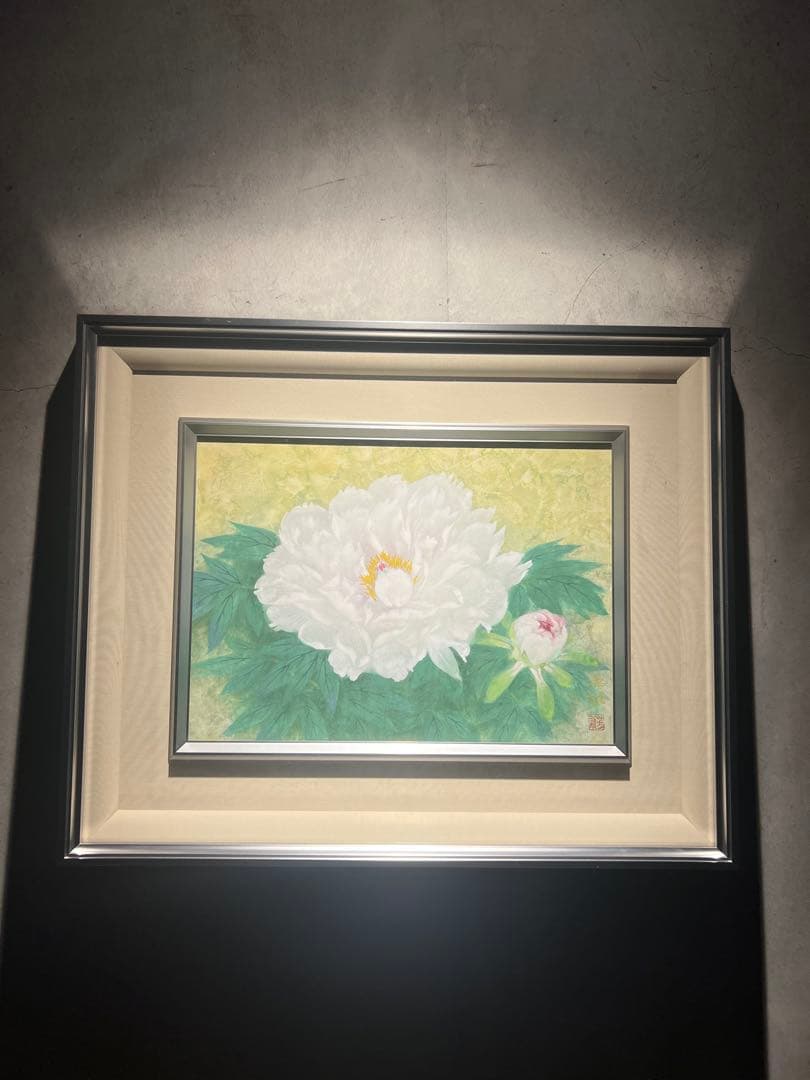 肉筆日本画　【純白の牡丹】　直筆サイン　印あり