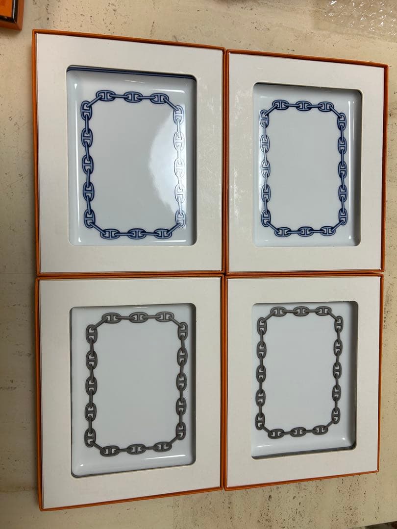 エルメス　シューヌダンクル　スクエアプレート　皿 シルバー2枚、ブルー2枚セット