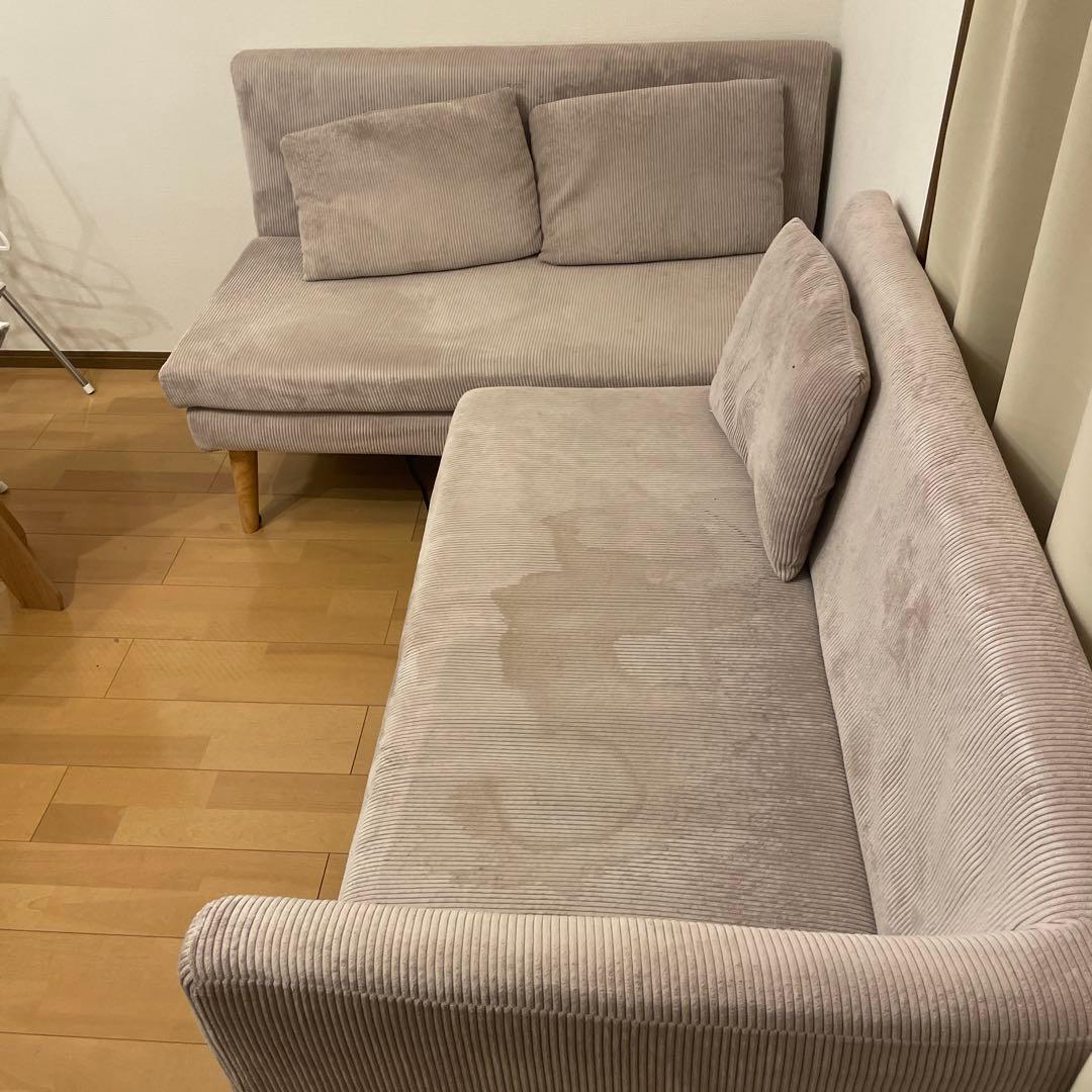 コーデュロイ L字型ソファ 2人掛け