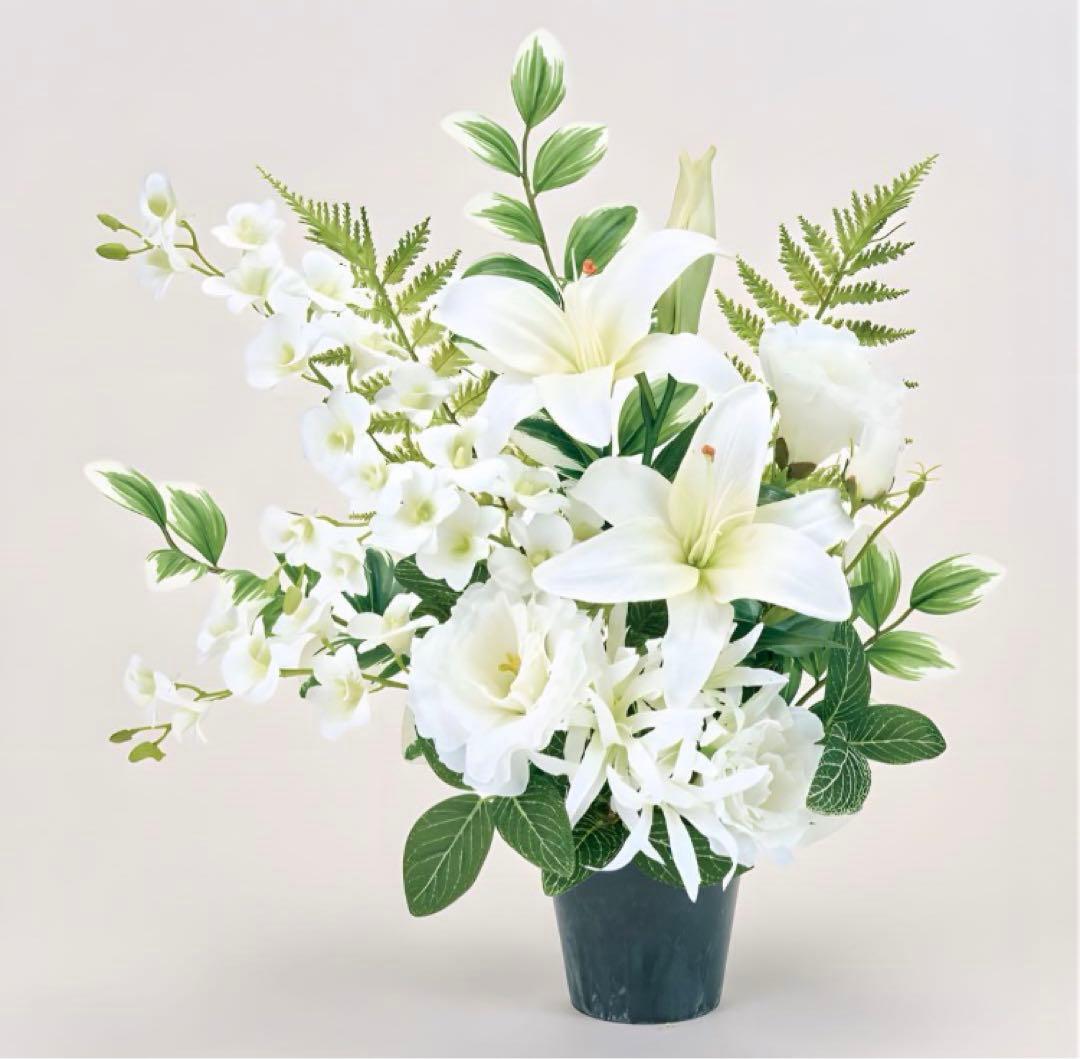 光触媒　人工観葉植物　フェイクグリーン　お供えカサブランカアレンジ左用