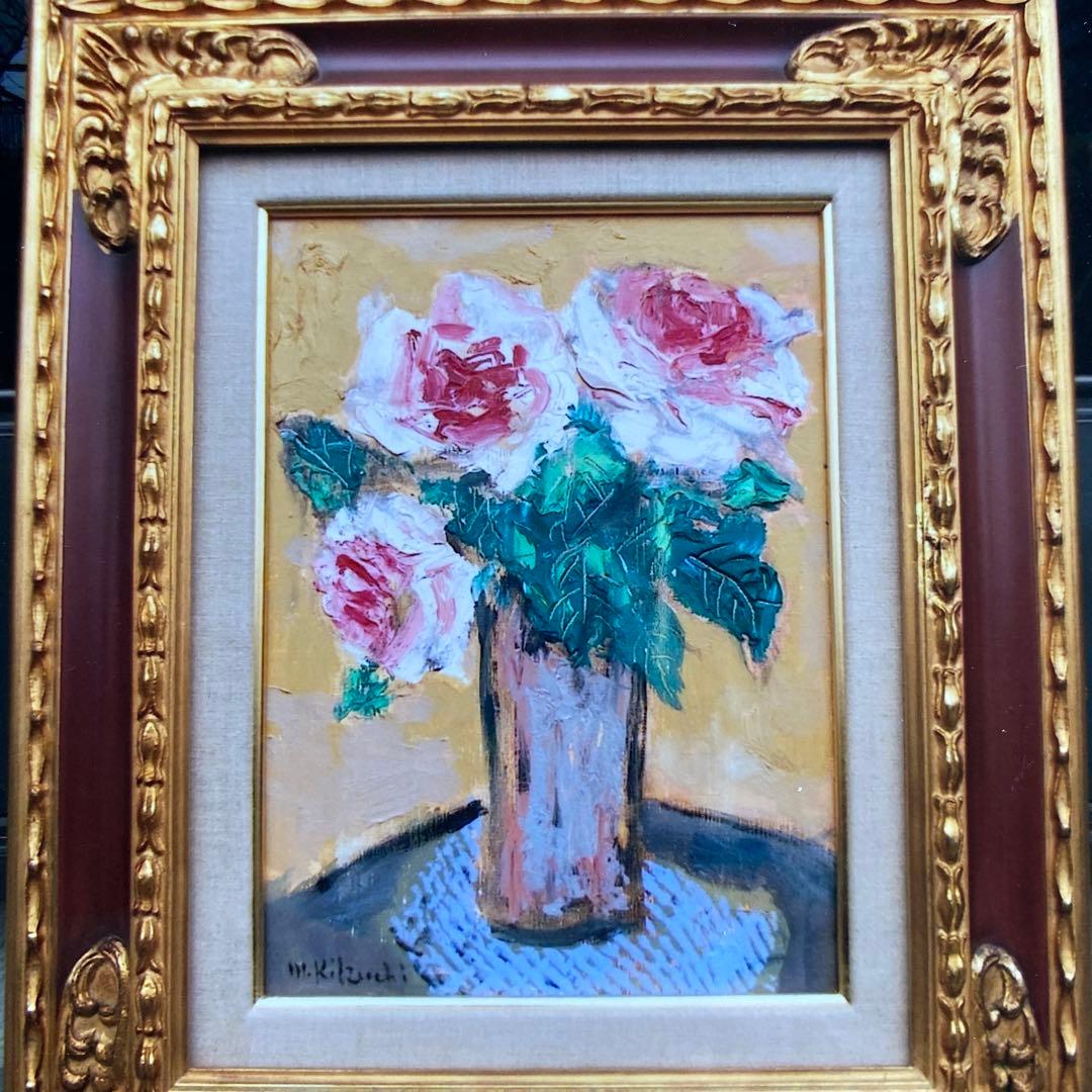 画家菊地正則「三輪のバラ」(ピエールロンサン)絵画　油彩画　額付き　F4 美品