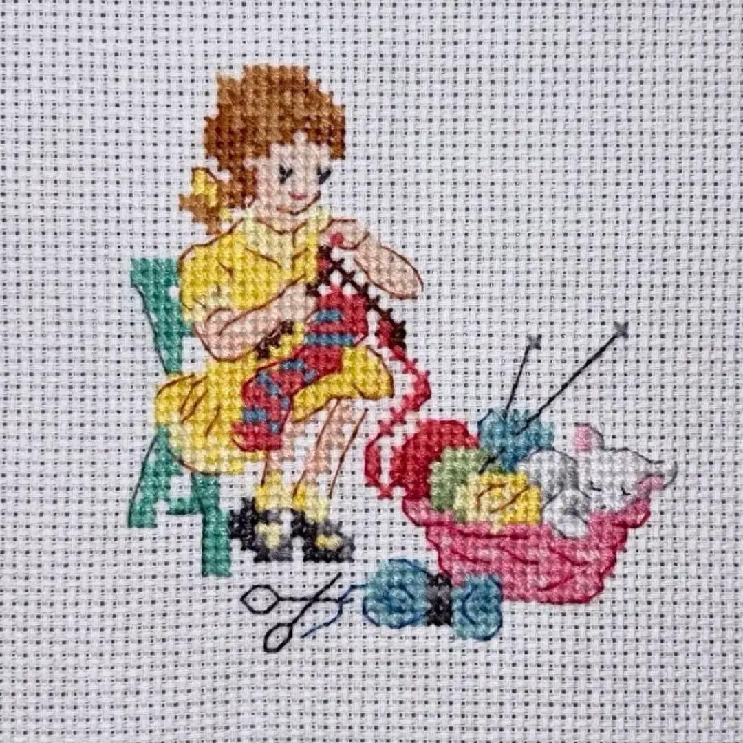 女の子と編み物 ヴェロニク アンジャンジェ .クロスステッチ 完成品