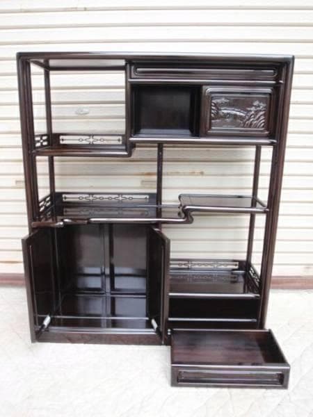 激安処分！新品 93巾 黒檀 無垢 高級飾り棚 違い棚 唐木茶棚 茶箪笥 検花梨