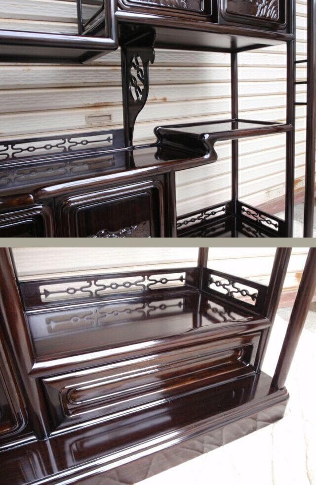 激安処分！新品 93巾 黒檀 無垢 高級飾り棚 違い棚 唐木茶棚 茶箪笥 検花梨