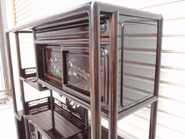 激安処分！新品 93巾 黒檀 無垢 高級飾り棚 違い棚 唐木茶棚 茶箪笥 検花梨