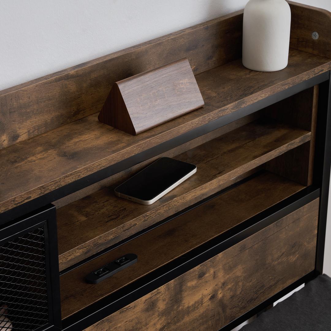 数量限定！SDセミダブル・コンセント付きベッドフレーム ヴィンテージ風BROWN