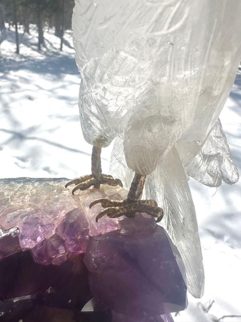 美品✨天然クリスタルとローズクオーツの鳥のオブジェ（アメジスト台座）