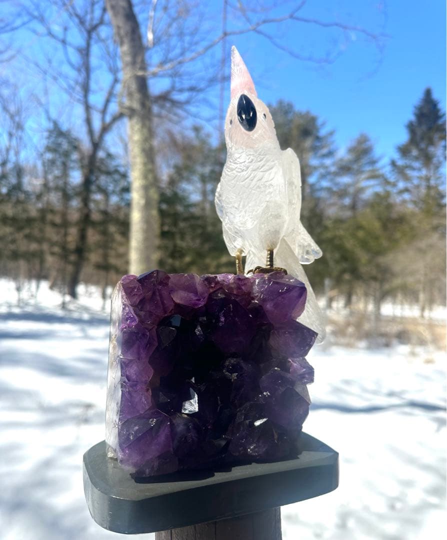 美品✨天然クリスタルとローズクオーツの鳥のオブジェ（アメジスト台座）