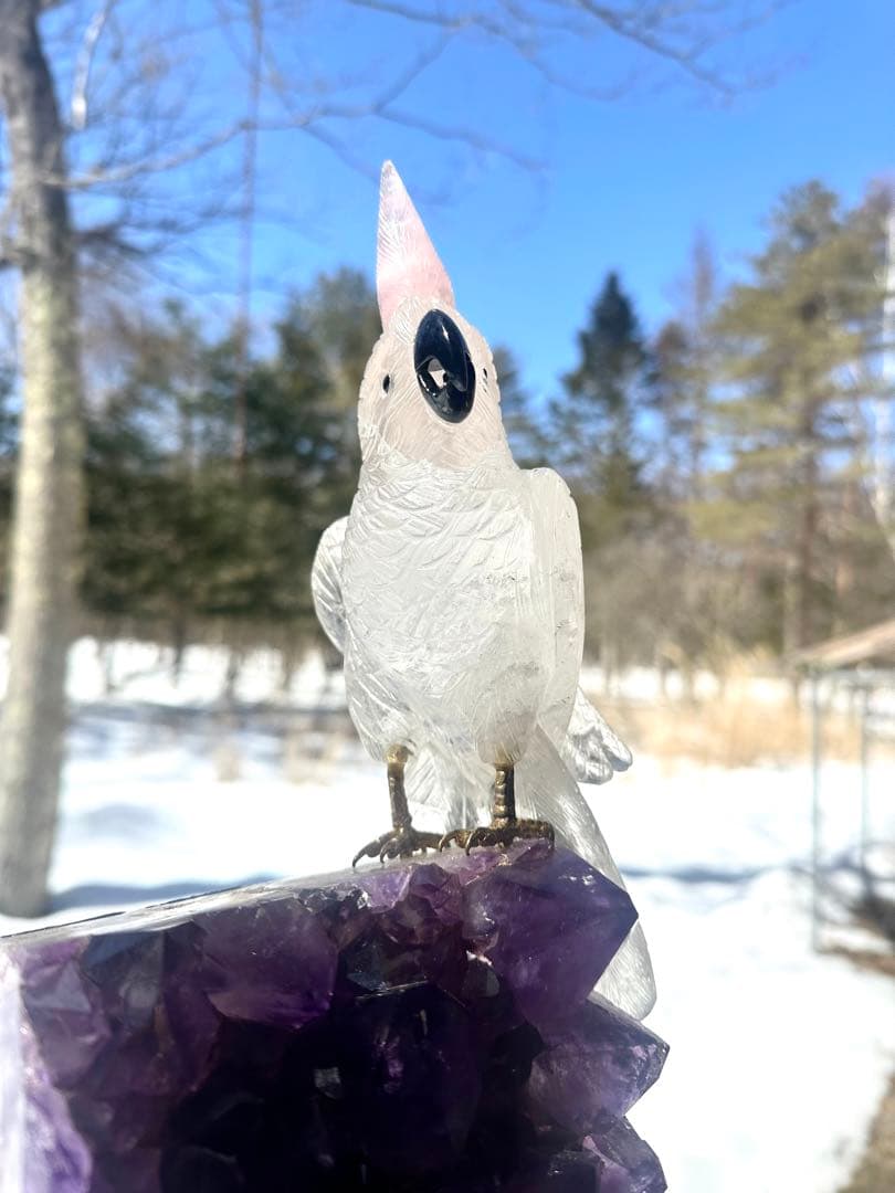 美品✨天然クリスタルとローズクオーツの鳥のオブジェ（アメジスト台座）