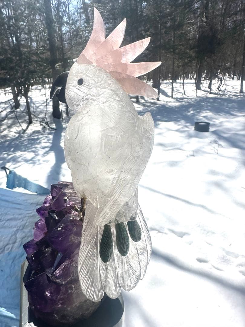 美品✨天然クリスタルとローズクオーツの鳥のオブジェ（アメジスト台座）