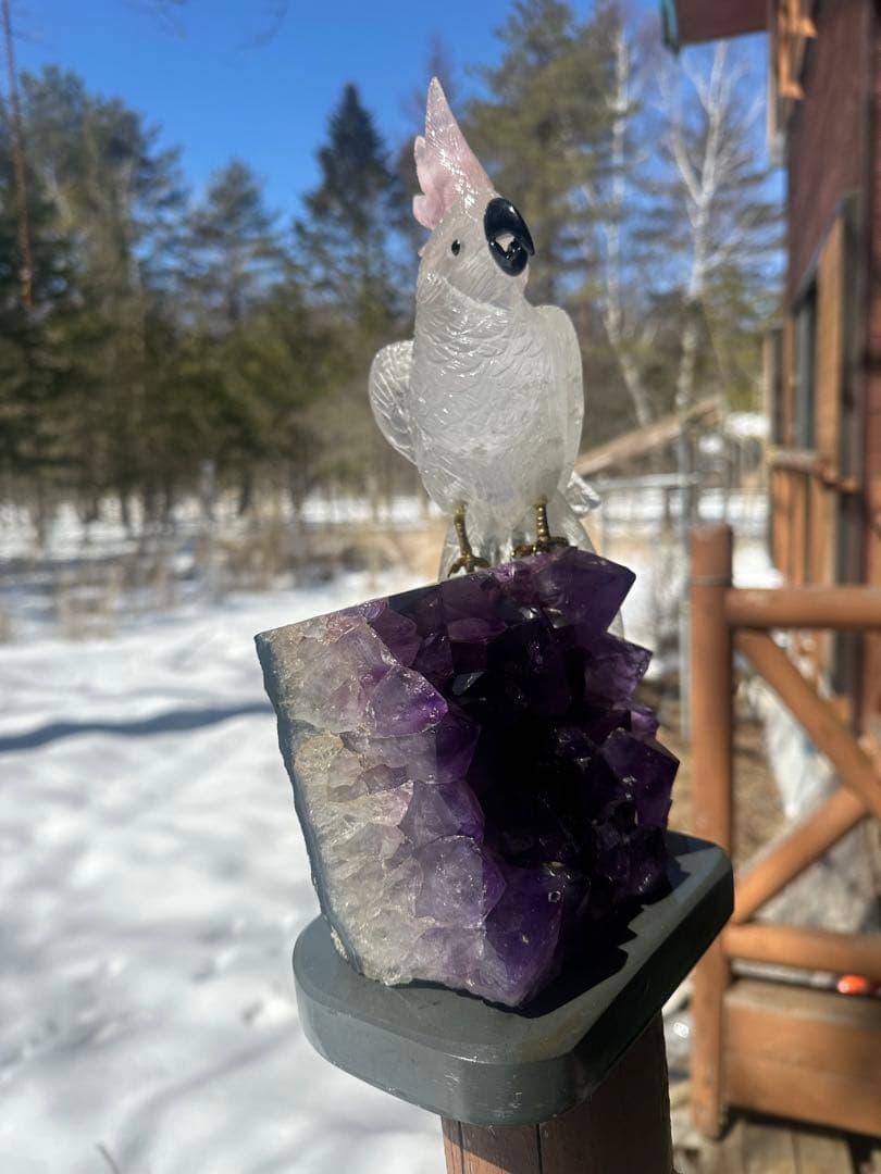 美品✨天然クリスタルとローズクオーツの鳥のオブジェ（アメジスト台座）