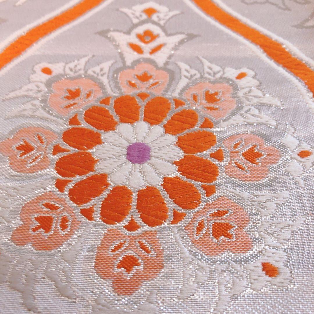 フルセット　七五三７歳女の子　オレンジ　正絹　扇蝶桜　銀地袋帯　簡単半衿7095