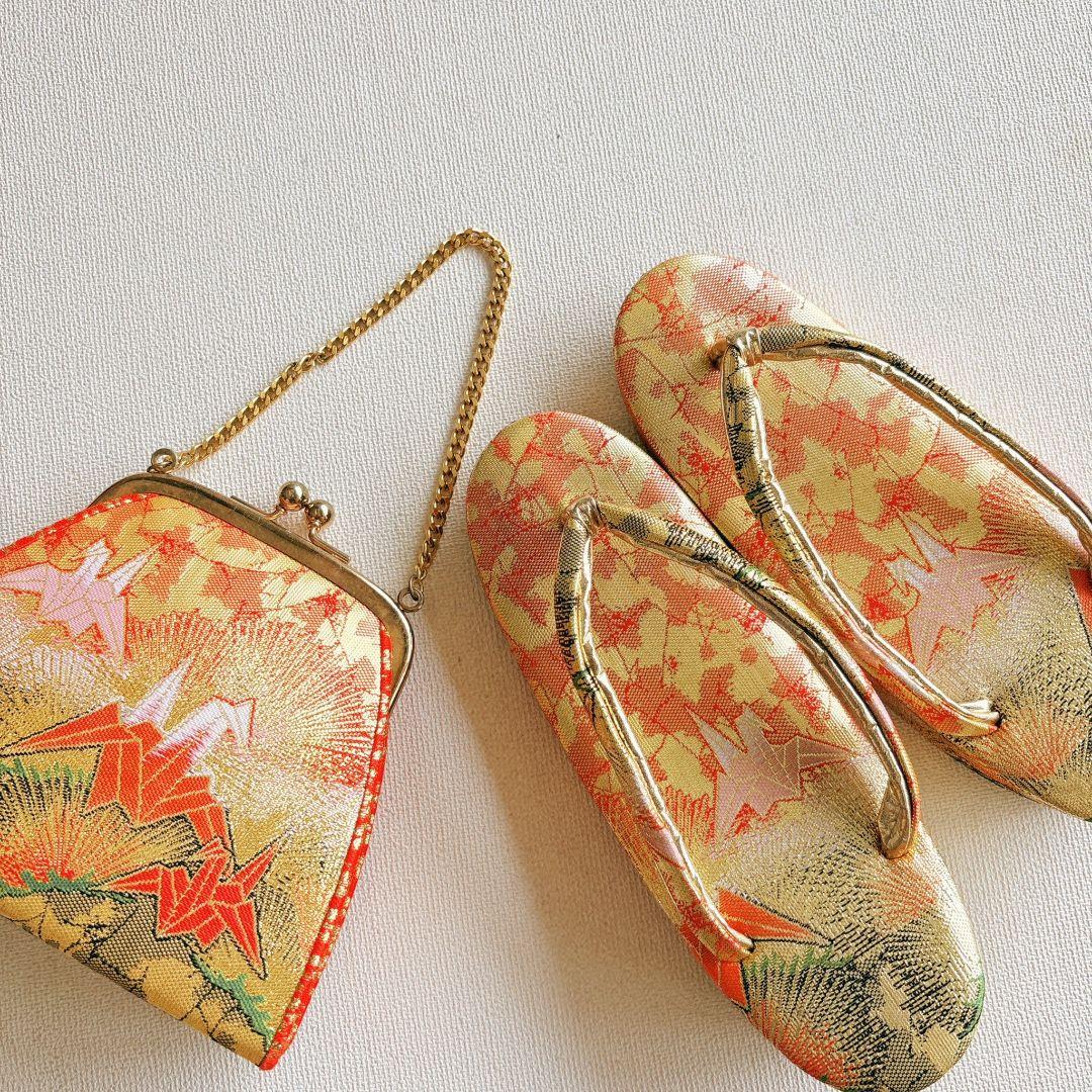 フルセット　七五三７歳女の子　オレンジ　正絹　扇蝶桜　銀地袋帯　簡単半衿7095