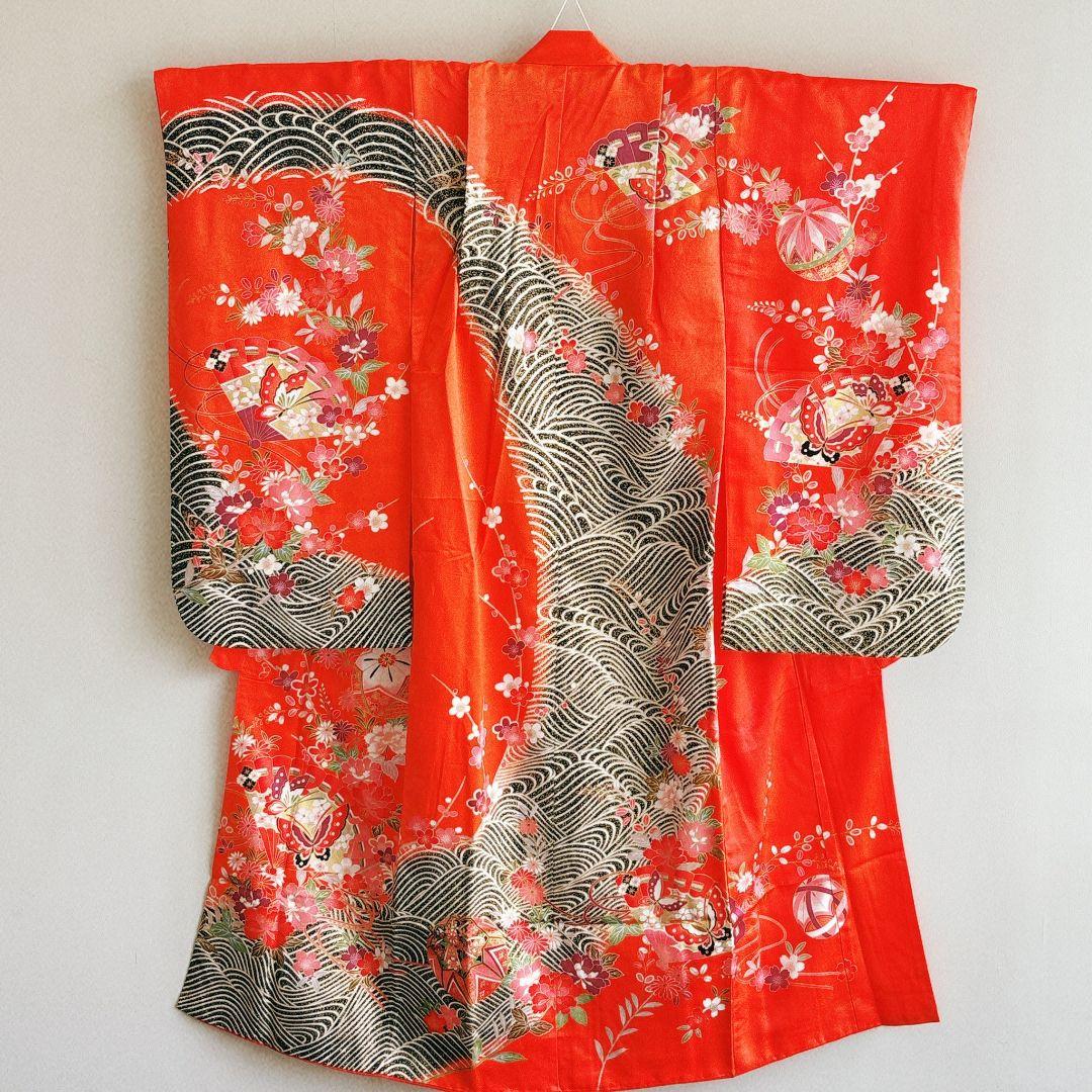 フルセット　七五三７歳女の子　オレンジ　正絹　扇蝶桜　銀地袋帯　簡単半衿7095