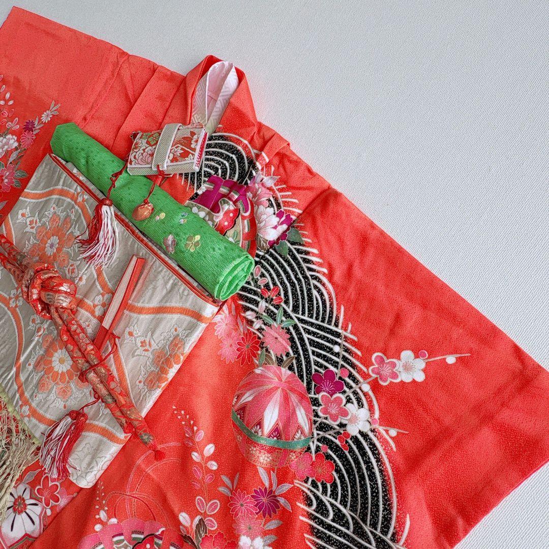 フルセット　七五三７歳女の子　オレンジ　正絹　扇蝶桜　銀地袋帯　簡単半衿7095