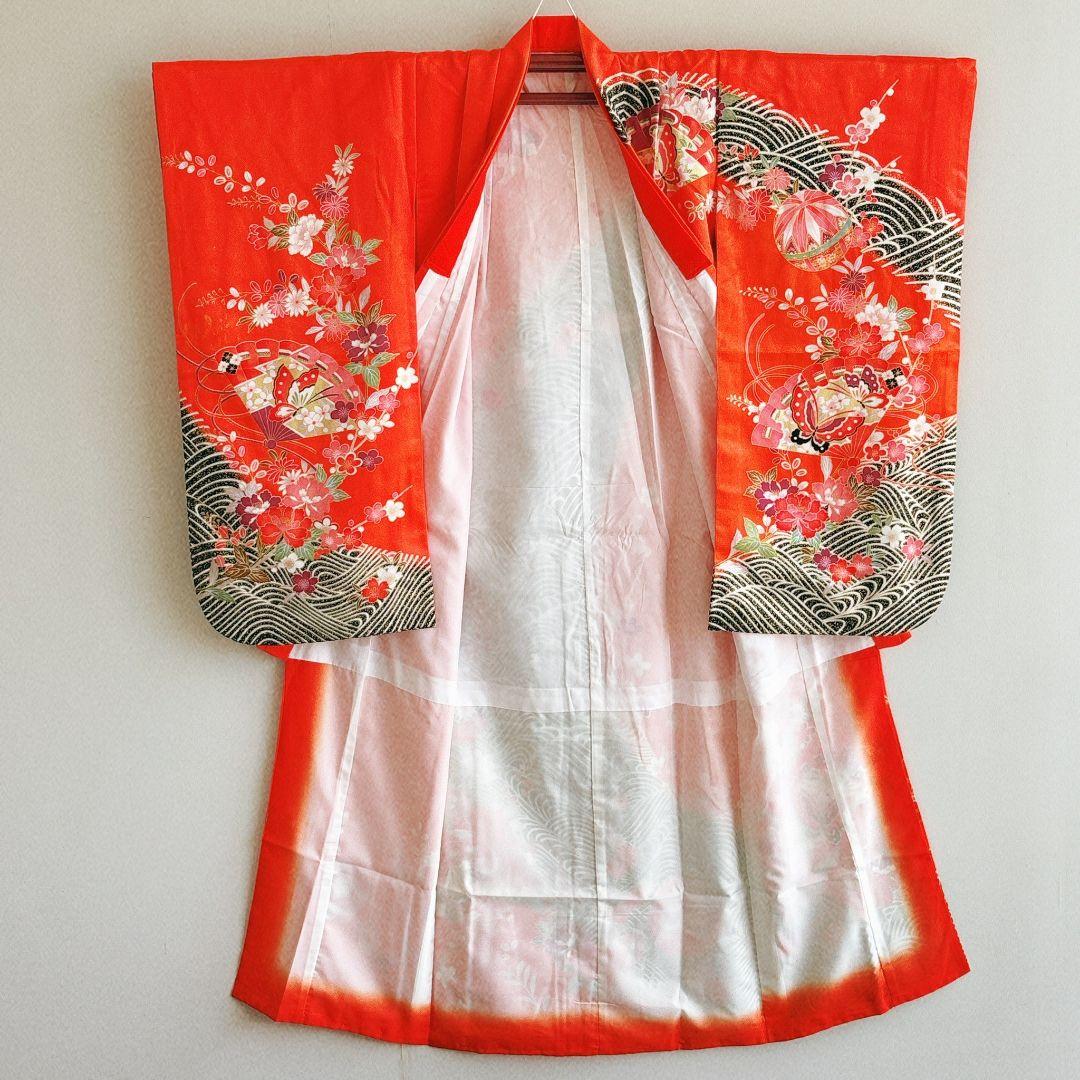 フルセット　七五三７歳女の子　オレンジ　正絹　扇蝶桜　銀地袋帯　簡単半衿7095