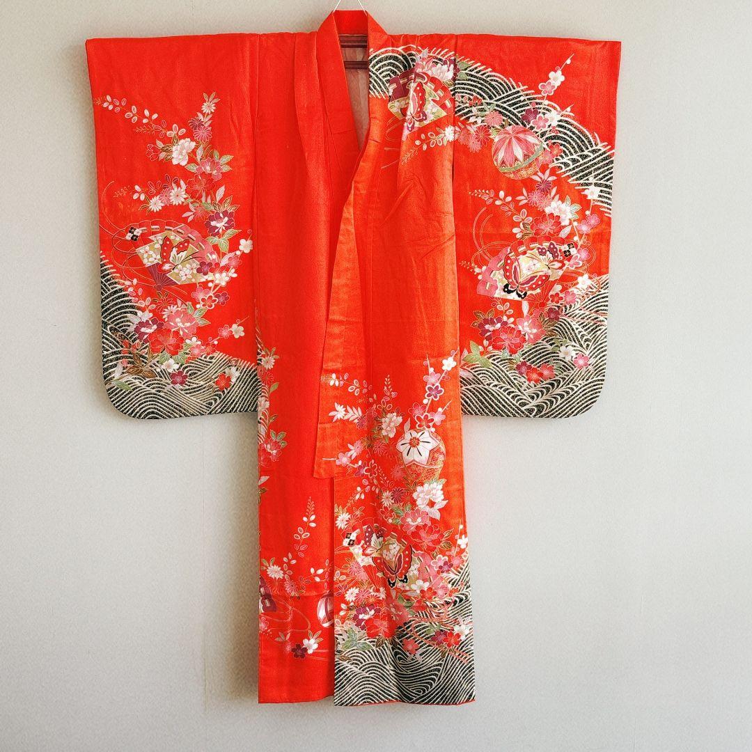 フルセット　七五三７歳女の子　オレンジ　正絹　扇蝶桜　銀地袋帯　簡単半衿7095