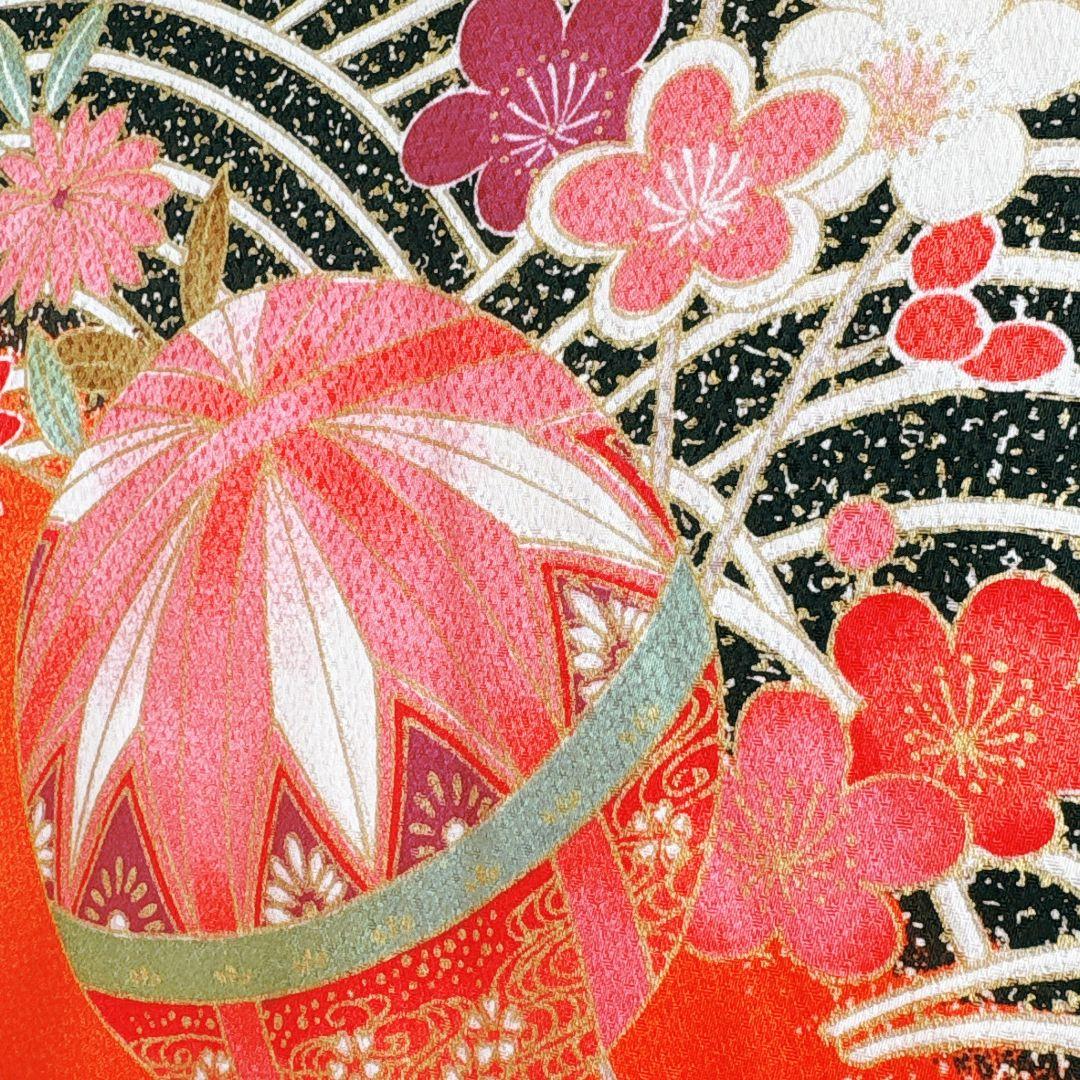 フルセット　七五三７歳女の子　オレンジ　正絹　扇蝶桜　銀地袋帯　簡単半衿7095