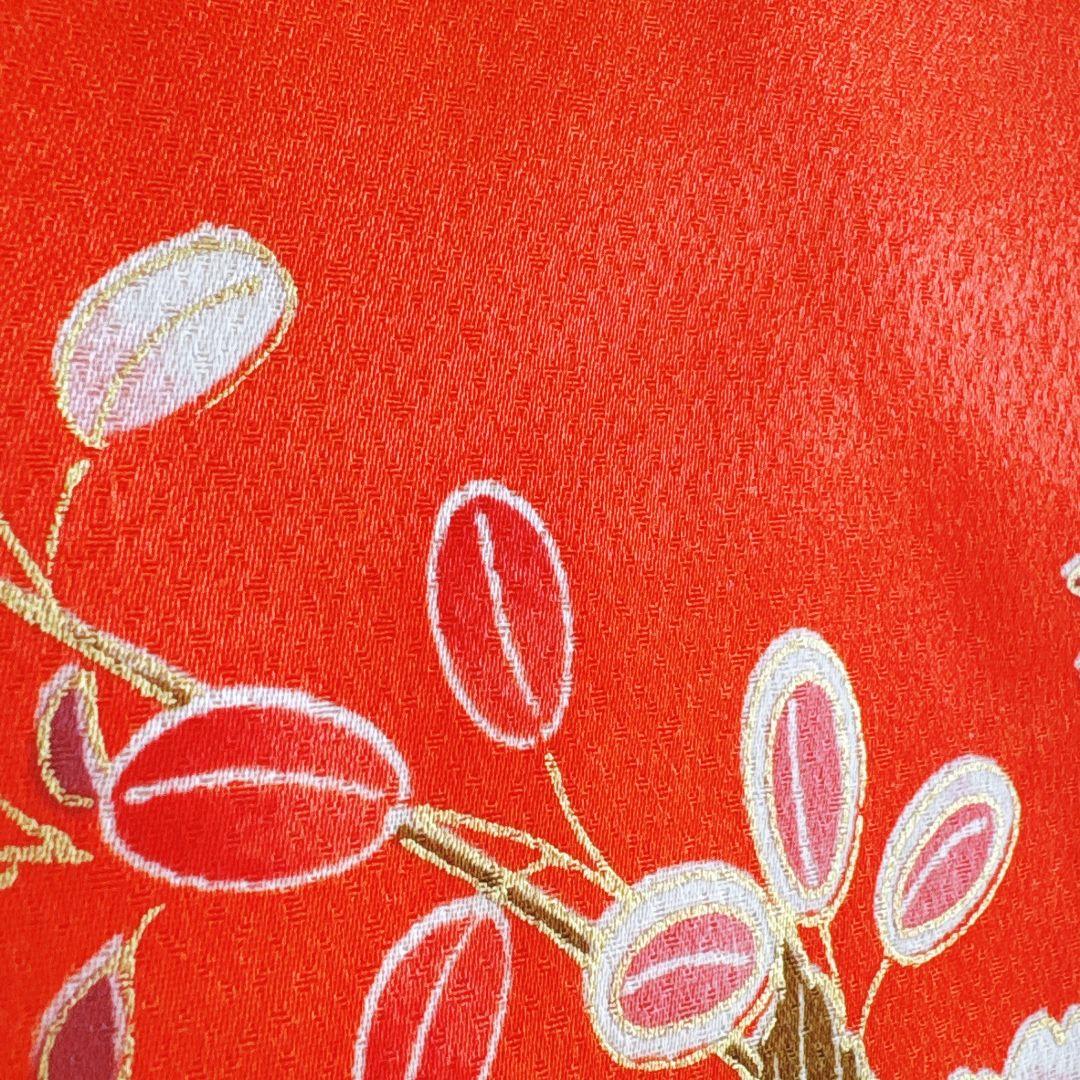 フルセット　七五三７歳女の子　オレンジ　正絹　扇蝶桜　銀地袋帯　簡単半衿7095