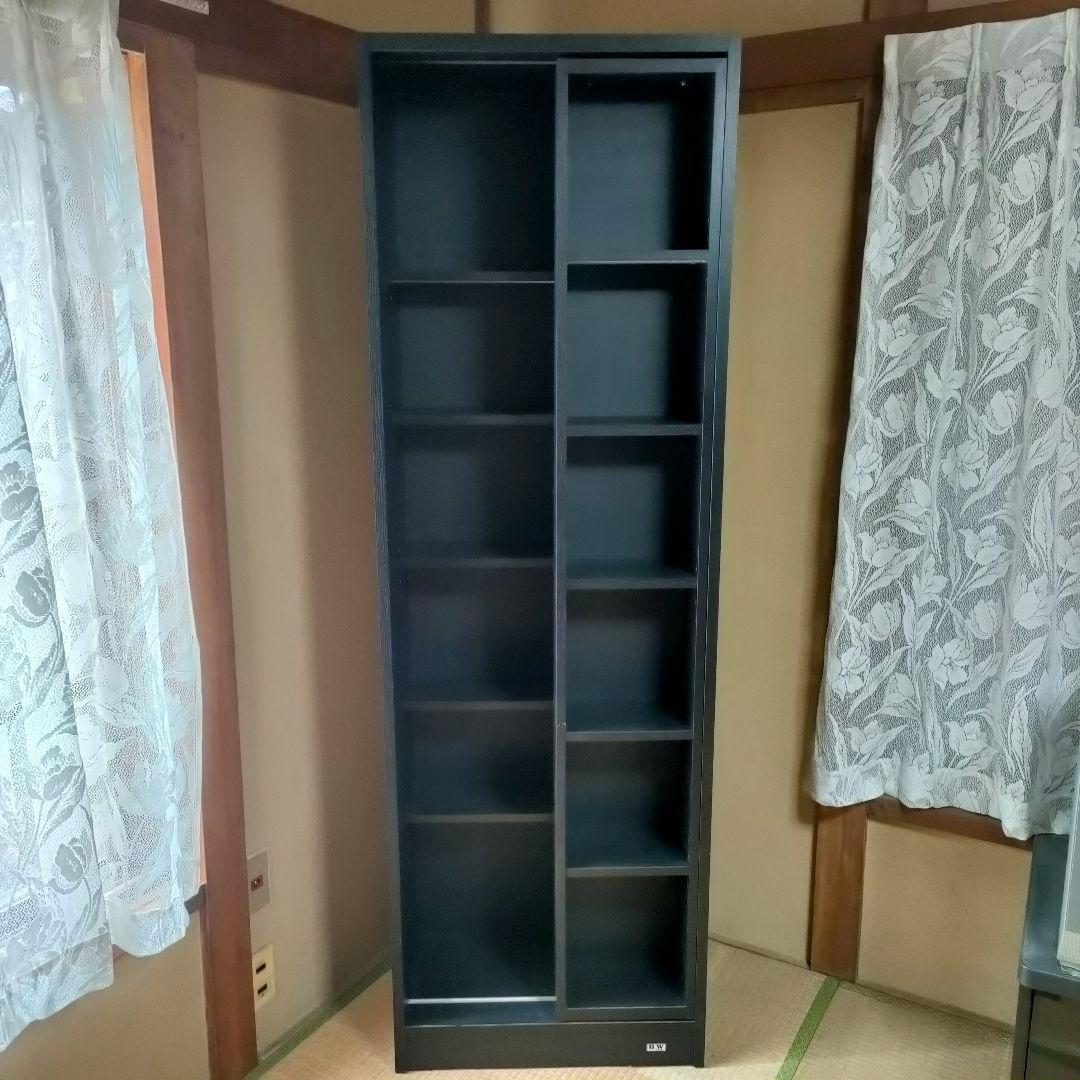 【昭和レトロ】黒の木製本棚 6段 スライド式 前後二列 ブラック木製本棚