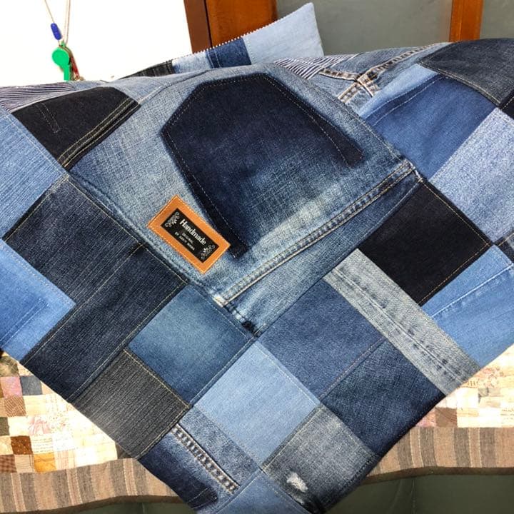 ハンドメイド、デニムリメイク、クッションカバー