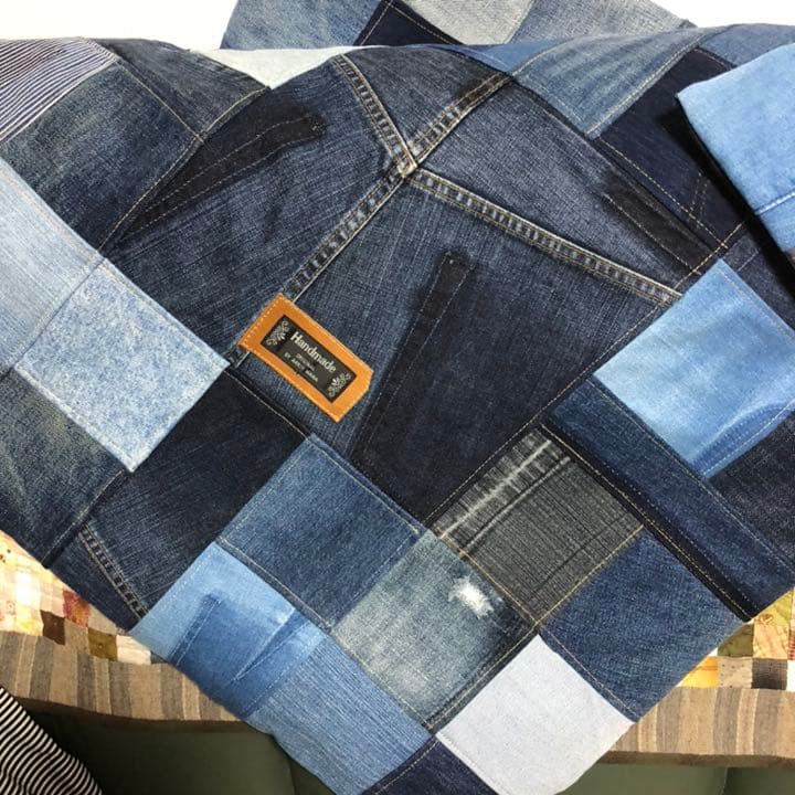 ハンドメイド、デニムリメイク、クッションカバー