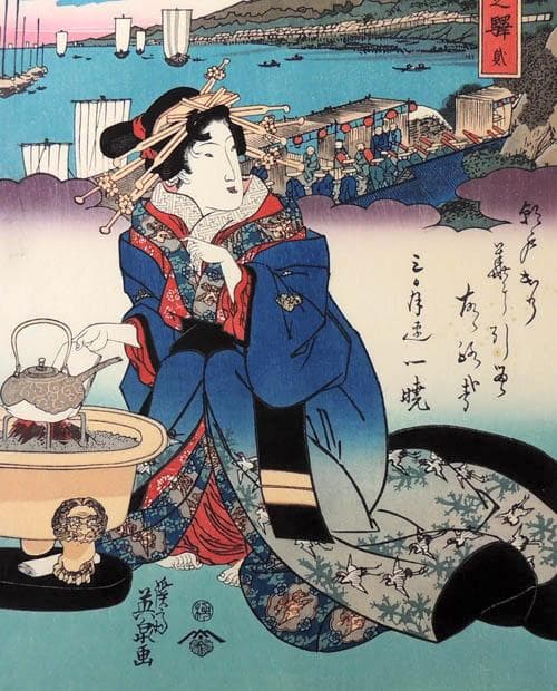 ○渓斎英泉○錦絵覆刻4枚/江戸日本橋・品川之駅・朝霞・芝金杉町比沙門