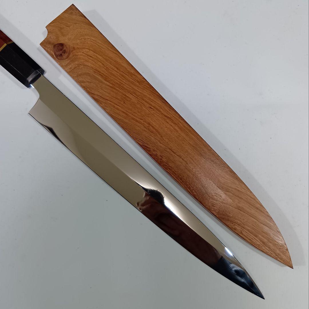 ステン本焼 Ｖ金10号鋼 柳刃 27cm ９寸 包丁 右片刃 鏡面 八角柄 鞘付
