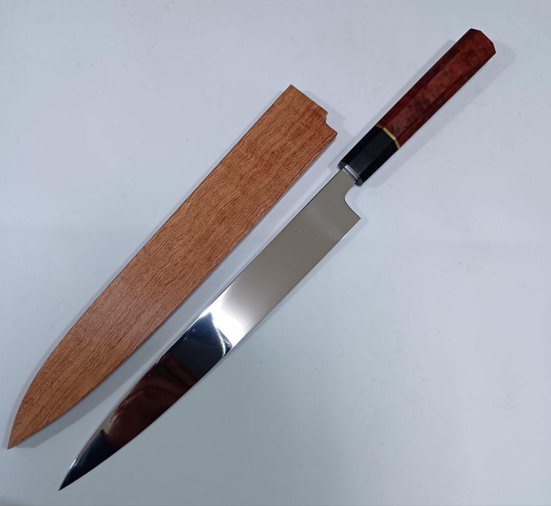 ステン本焼 Ｖ金10号鋼 柳刃 27cm ９寸 包丁 右片刃 鏡面 八角柄 鞘付