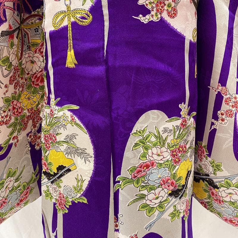 601ag24◎七五三 七歳 女児 アンティーク着物&丸帯&長襦袢 総柄 紫◎
