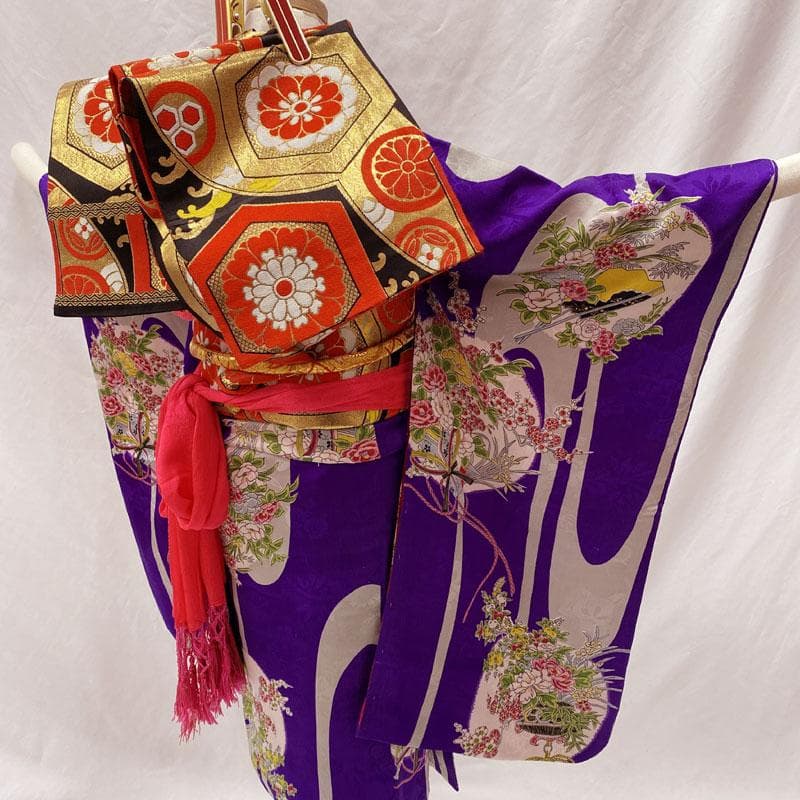 601ag24◎七五三 七歳 女児 アンティーク着物&丸帯&長襦袢 総柄 紫◎