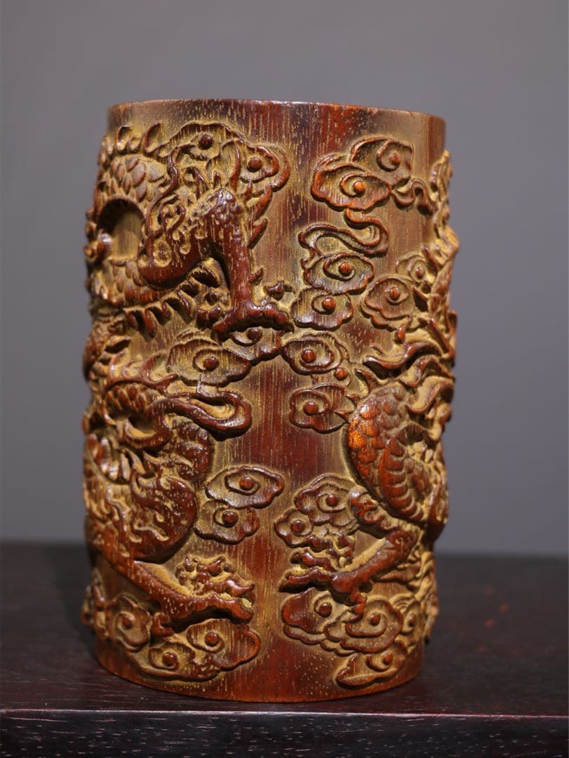 珍蔵　文房具　筆筒 天然　双龍　竹彫り　時代物　文房具　古美術　インテリア　美品