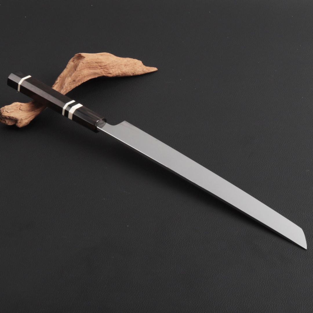 8705先丸包丁 9寸 鏡面仕上げ 刃は究極の切れ味 黒檀黒水牛角白三本巻八角柄