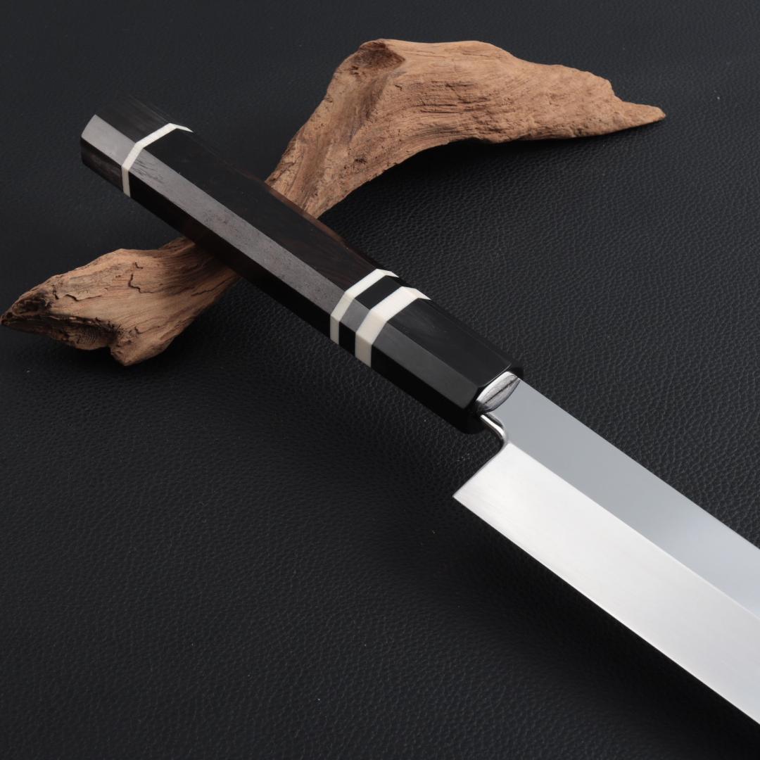 8705先丸包丁 9寸 鏡面仕上げ 刃は究極の切れ味 黒檀黒水牛角白三本巻八角柄