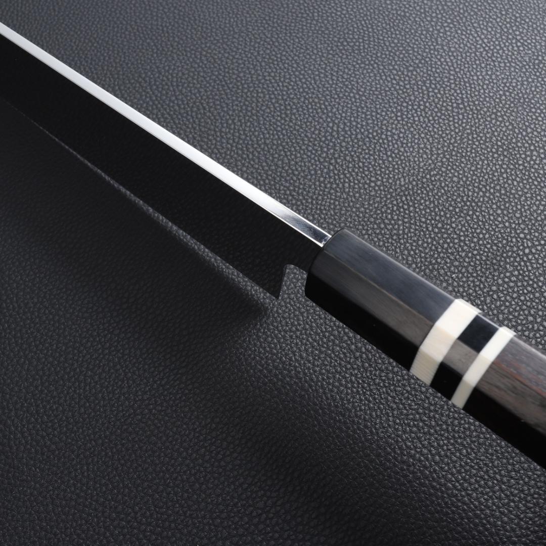 8705先丸包丁 9寸 鏡面仕上げ 刃は究極の切れ味 黒檀黒水牛角白三本巻八角柄
