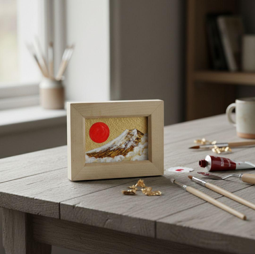 ニ*コ様 手描き油絵【黄金富士】ミニ絵画 開運・金運 富士山 原画