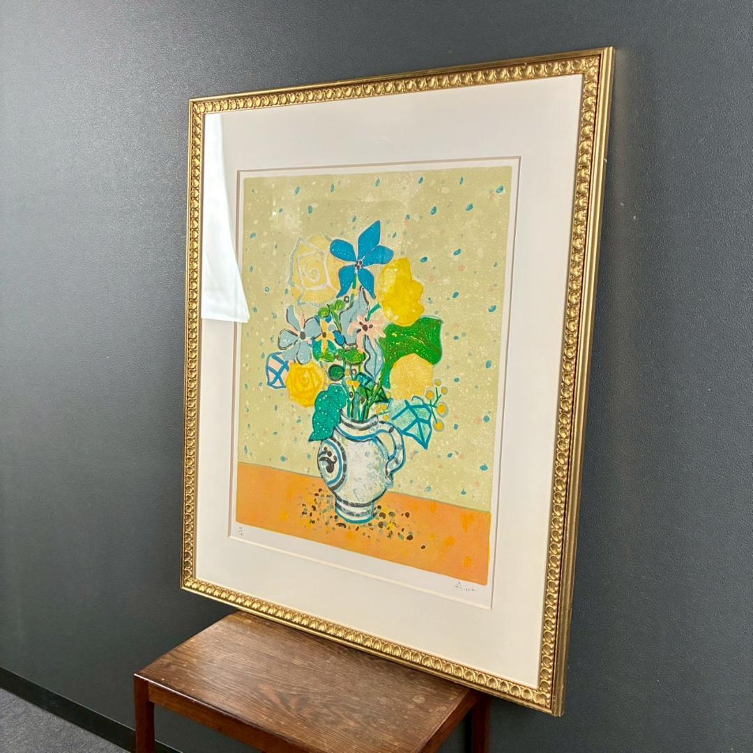 美品 ポール・アイズピリ「ベージュ背景のバラの花束」リトグラフ