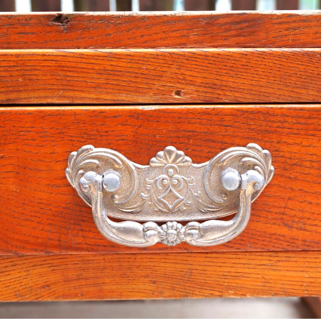 古い文筆机】打ち出し金具 座卓 古物 古道具 昭和レトロ 机 引き出し