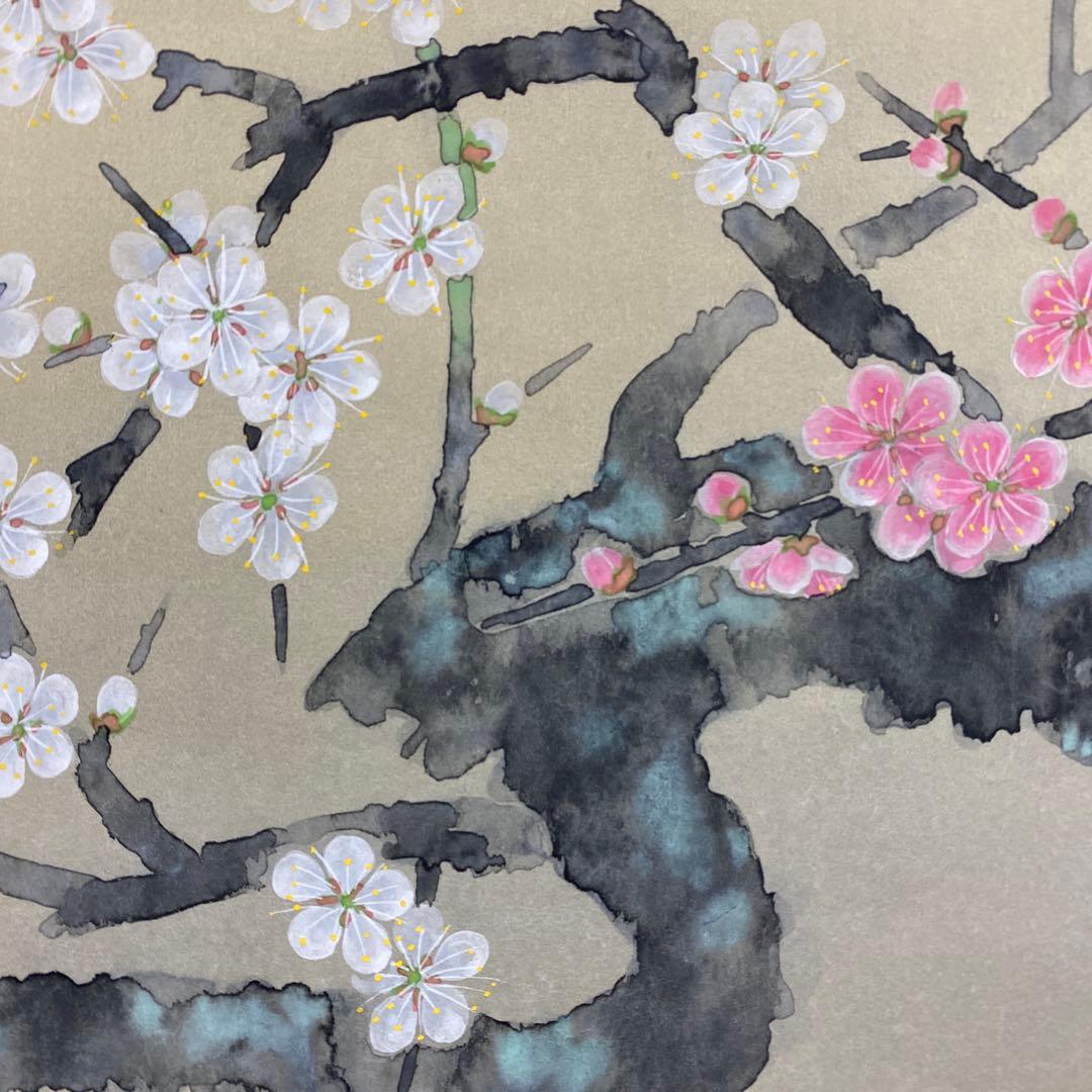 美品 掛け軸 水越由喜作 紅白梅図 共箱 縁起物 太巻き付 おもてなし