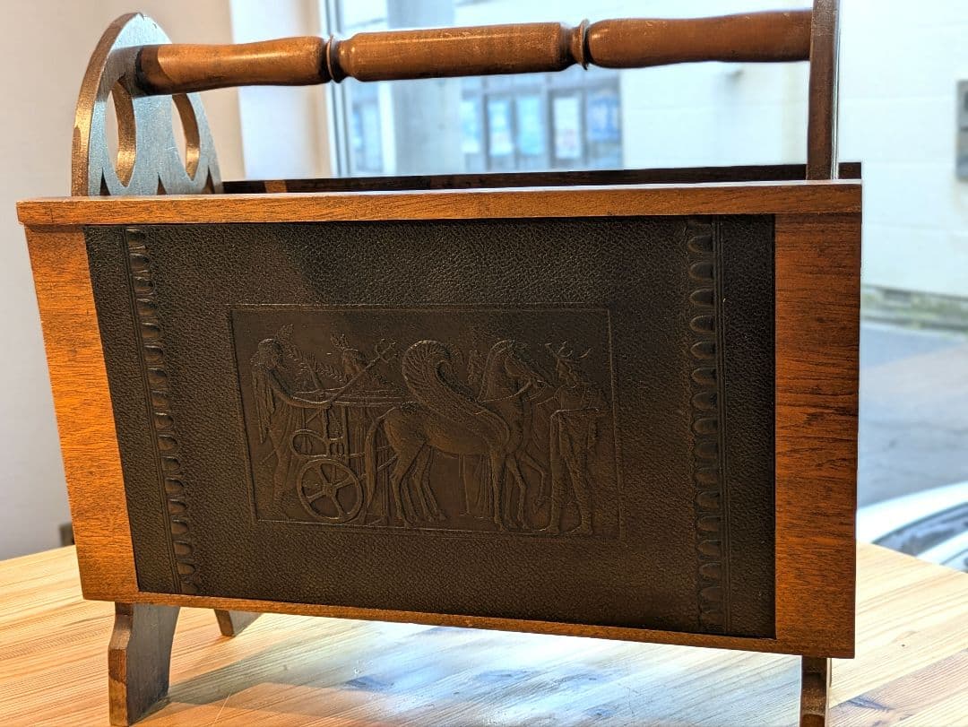 アンティーク　マガジンラック　皮張り　ヴィンテージ　インテリア　木製