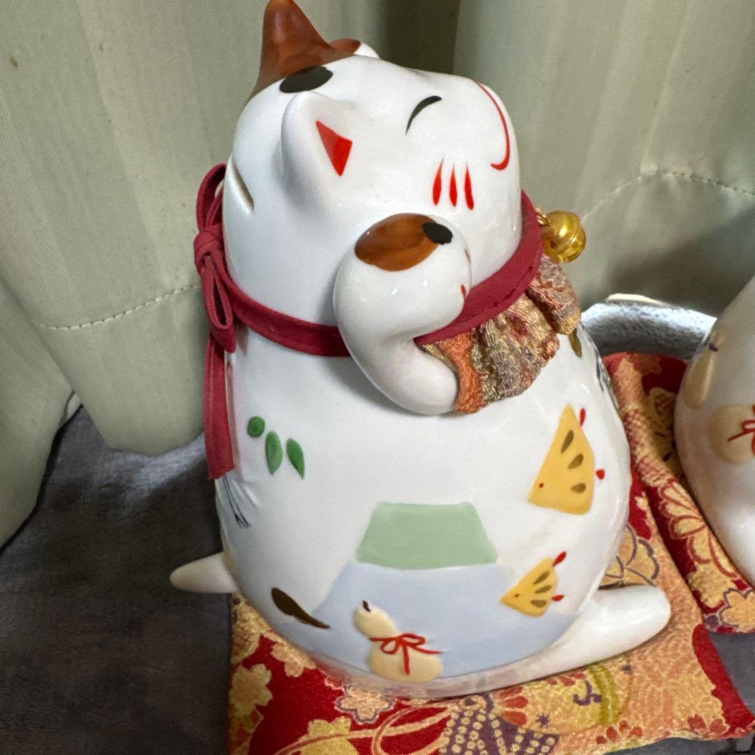 ④猫舎道楽堂　ねこや　招き猫　鈴付き　茶色　宝船　2個セット　貯金箱
