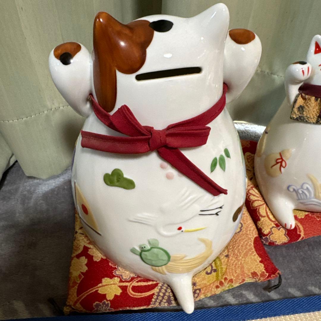 ④猫舎道楽堂　ねこや　招き猫　鈴付き　茶色　宝船　2個セット　貯金箱