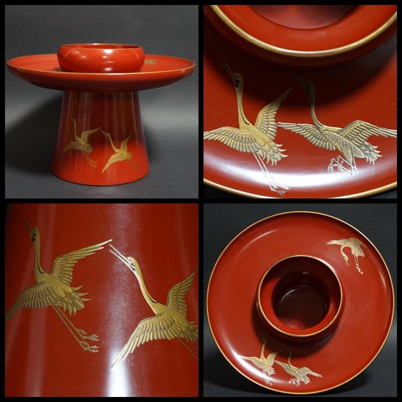 明治期 輪島塗 極上 金蒔絵『飛鶴』 盃台/三ツ組盃 揃 木製漆塗り 箱付